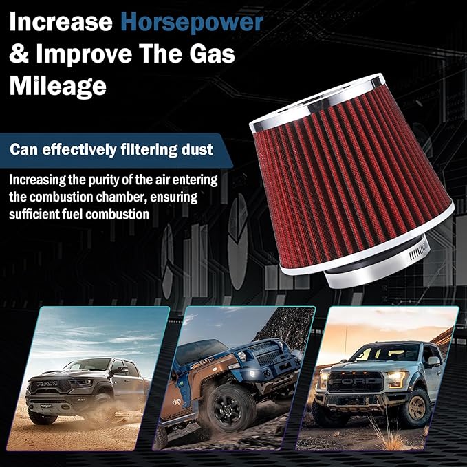 Universal Clamp-On Air Intake Filter, Fit Intake Tube with 3/3.5/4in Diameter, High Performance, Washable Filter, Replacement Air Filter, Flange Diameter 3inch/76mm (Red)