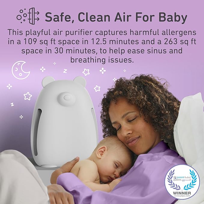 Pure Enrichment PureBaby Kids Bear Air True HEPA Air Purifier - 4 Stage Air Filtration, UV-C Light, and Night Light for Medium-Large Rooms - Baby Nurseries, Kid Bedrooms (White)
