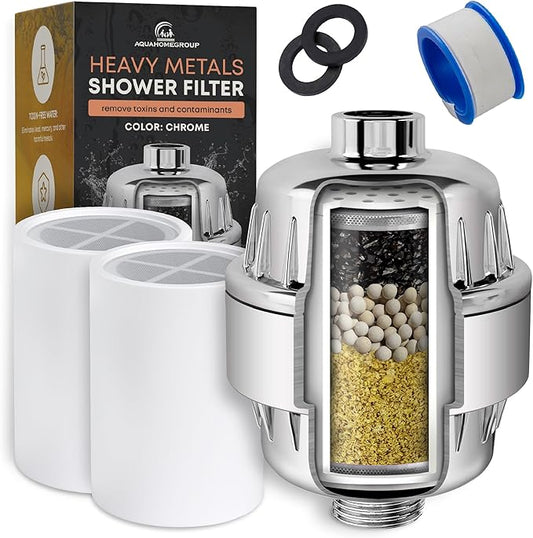 AquaHomeGroup Heavy Metals Shower Filter (2 Cartridges Included) – Removes Lead, Mercury & Impurities – 4-Stage High-Pressure Filtration with KDF 55, Zeolite & Activated Carbon – Universal Fit