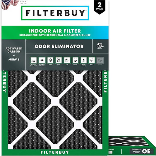Filterbuy 12x18x1 Air Filter MERV 8 (MPR 700) Odor Eliminator Replacement (2-Pack), Electrostatic Pleated HVAC AC Furnace Filters w/Activated Carbon, Made in USA (Actual Size: 11.50 x 17.50 x 0.75)