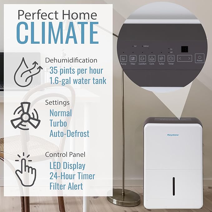 Keystone Energy Star 35-Pint Portable Dehumidifier for Extra Large Rooms up to 1,500 Sq.Ft. with Auto-Shutoff & Timer - Quiet Home Dehumidifier and Moisture Absorber For Basement, Garage, Living Room