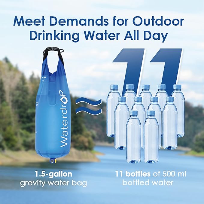 Waterdrop Gravity Water Bag for Camping, Travel, Backpacking, Hiking and Emergency, Compatible with Water Filter Straw, Flex Foldable, 1.5 Gal Bag