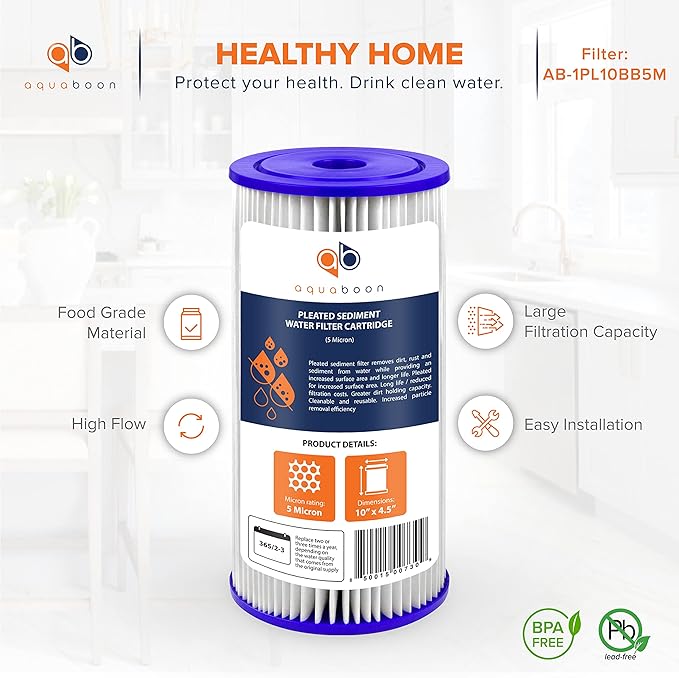 Aquaboon 5 Micron Pleated Sediment Water Filter 10 x 4.5 Cartridge - Whole House Water Filter Replacement - Whole House Water Filters Cartridges Compatible with Well Filters FXHSC, R50-BBSA, 4-Pack