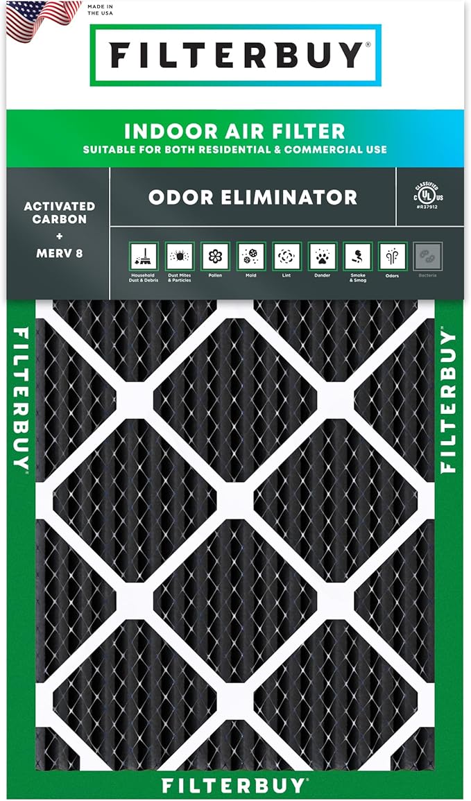 Filterbuy 12x30x1 Air Filter MERV 8 Odor Eliminator (1-Pack), Pleated HVAC AC Furnace Air Filters Replacement with Activated Carbon (Actual Size: 11.88 x 29.88 x 0.75 Inches)