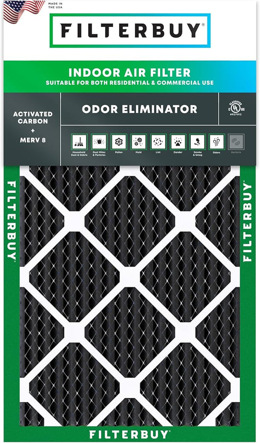 Filterbuy 12x30x1 Air Filter MERV 8 Odor Eliminator (1-Pack), Pleated HVAC AC Furnace Air Filters Replacement with Activated Carbon (Actual Size: 11.88 x 29.88 x 0.75 Inches)