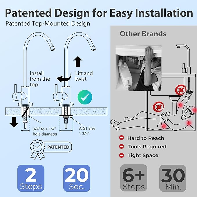 iSpring GA1-BN Drinking Water RO Faucet for Kitchen Sink, Heavy-Duty Lead-Free Reverse Osmosis Faucet for RO Water Filtration System, Non-Air Gap 100% Stainless Steel RO Faucet, Brushed Nickel Finish