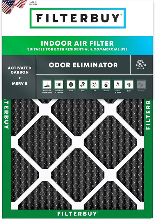 Filterbuy 12x18x1 Air Filter MERV 8 Odor Eliminator (1-Pack), Pleated HVAC AC Furnace Air Filters Replacement with Activated Carbon (Actual Size: 11.50 x 17.50 x 0.75 Inches)