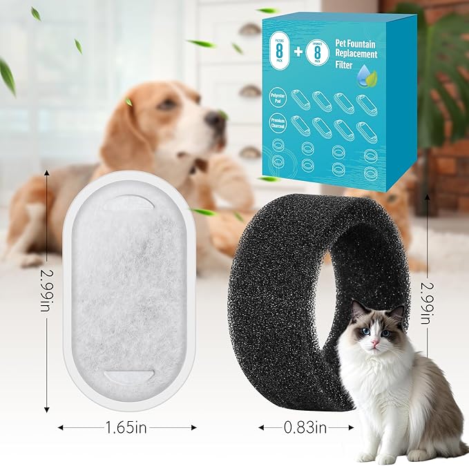Cat Drinking Fountain Replacement Filter - Fits 67 oz/2 L and 108 oz/3.2 L Stainless Steel Drinkers - Activated Carbon and Ion Exchange Resin Filter - Pet Drinking Fountain Filters (8 Pack)