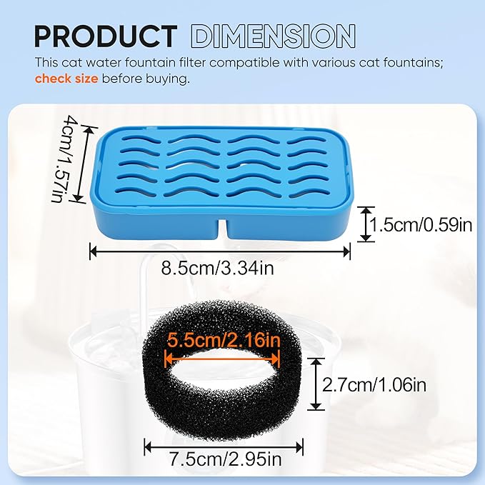 PETCHO 8-Pack Cat Water Fountain Filters Compatible with 108oz/3.2L S3-SC Cat Water Fountain, Activated Carbon & Resin, Replacement Filter for Cats