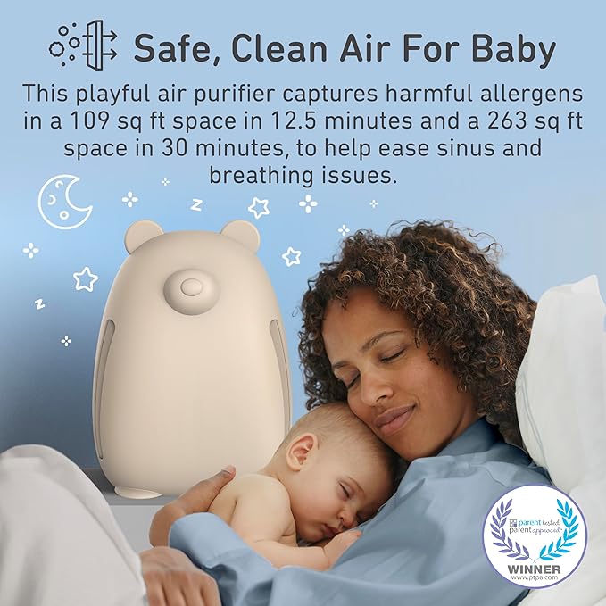 Pure Enrichment PureBaby Kids Bear Air True HEPA Air Purifier - 4 Stage Air Filtration, UV-C Light, & Night Light for Medium-Large Rooms - Baby Nurseries, Kid Bedrooms (Sweet Oat)