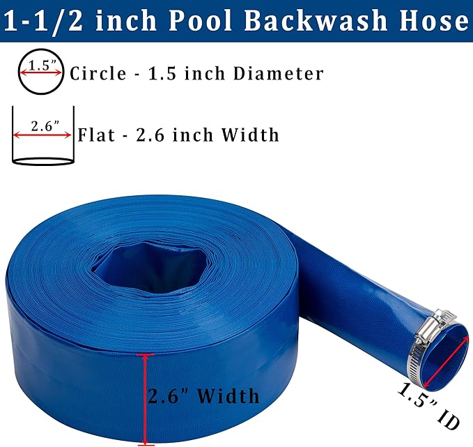 1-1/2 in x 25 ft Pool Backwash Hose Heavy Duty Drain Discharge PVC Lay flat General Purpose Vinyl Hose, Burst Resistant for Water Transfer Sump Pump Pool Filter (1.5in 25ft fiber reinforced hose)