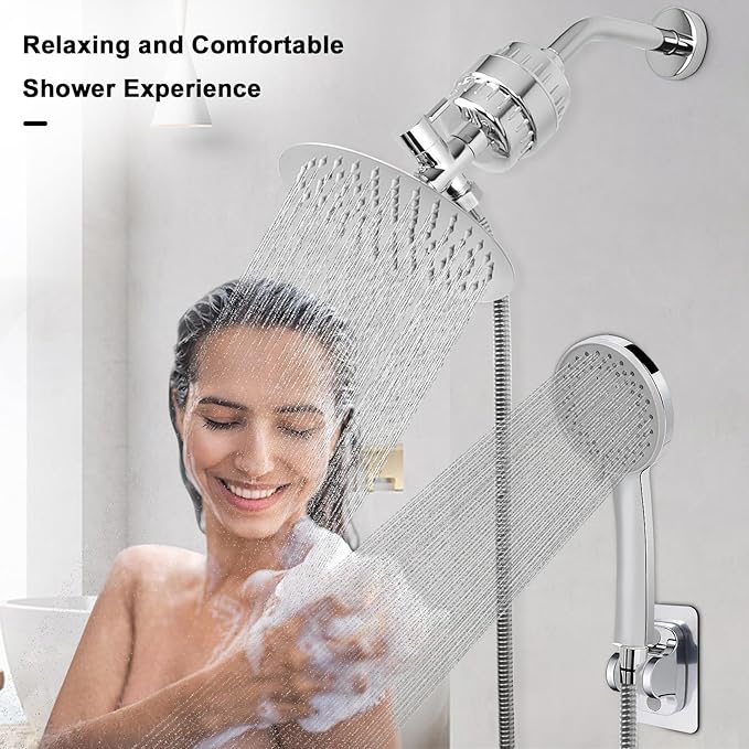NearMoon Filtered Shower Head, High Pressure 8″Round Rain Shower and 5 settings Handheld Shower Filter Combo with Self-adhesive Holder/1.5M Hose -1 Replaceable Filter Cartridge (Chrome Finish)