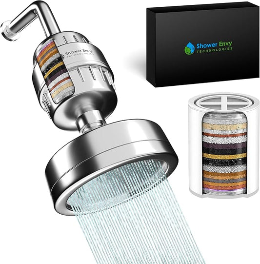 ShowerEnvy 5.0 Filtered Shower Head – 15-Stage Water Softener with Vitamin C & E for Healthy Skin & Hair – High Pressure, Hard Water Purifier – Cartridge Included