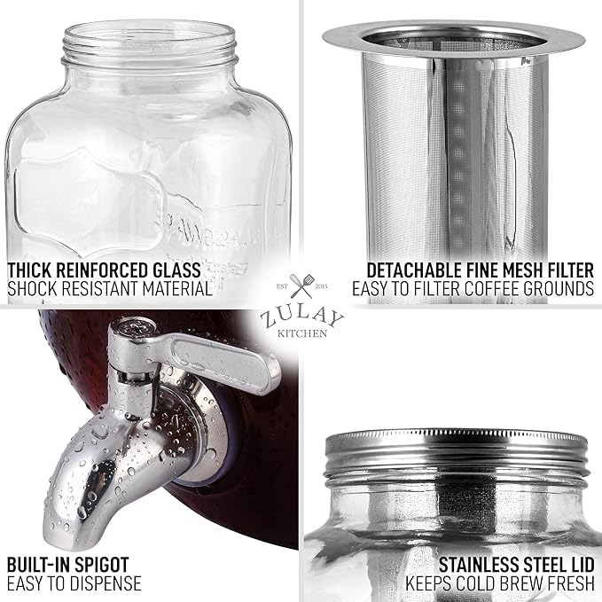 Zulay Kitchen 1 Gallon Cold Brew Coffee Maker - Large Iced Tea & Cold Brew Pitcher with Extra-Thick Glass & Stainless Steel Infuser - Cold Brew Coffee Maker with Airtight Lid & Spout (Silver)