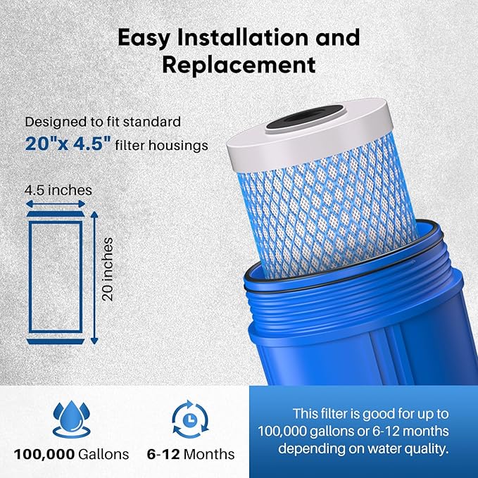 PUREPLUS 20" x 4.5" Whole House Activated Carbon Water Filter, Enhanced Lead Removal, Reduces Chlorine, Sediment & Odors, Compatible with FC25B, EPM-20BB, CB-BB-20, 155783-43, 2 PACK