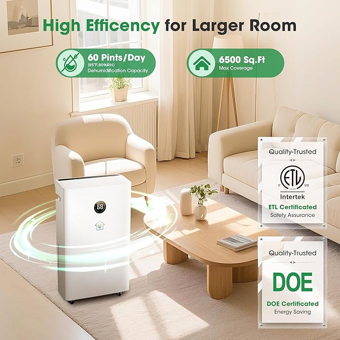 6,500 Sq.Ft Dehumidifier with Drain Hose, 60 Pints Narrow Dehumidifiers for Basement Bedroom Bathroom Large Room Home – Smart Humidity Control, 3 Modes, Dry Clothes, 24H-Timer, Auto Defrost