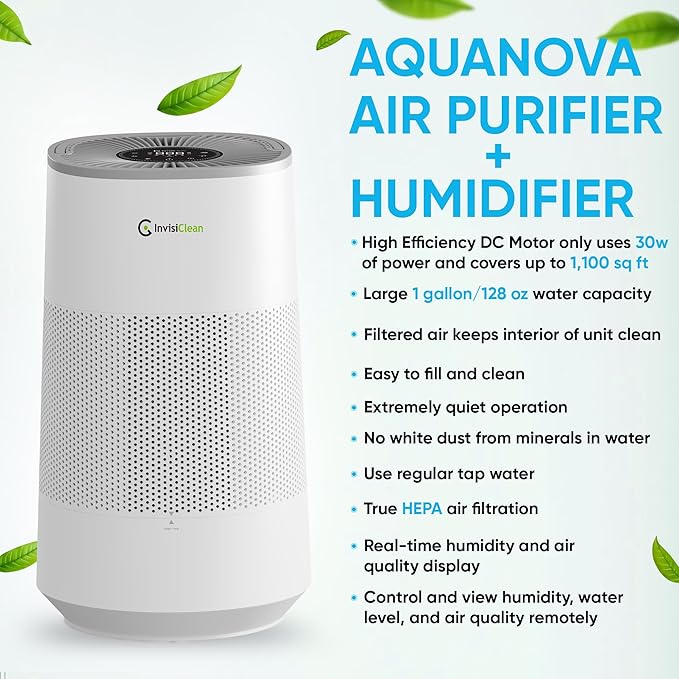 Air Purifier and Humidifier Combo All in One for Bedroom - Quiet 2 in 1 Smart Air Humidifier and Purifier for Home - Use Year-round for up to 1100 sq ft - InvisiClean AquaNova