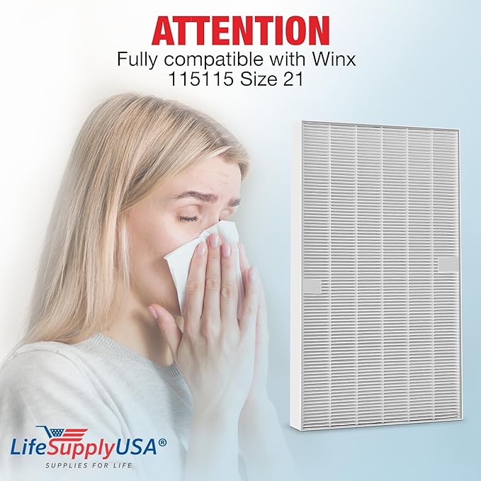 115115 4 HEPA Filter A Replacement for C535, 5300, 5300-2, 5500, 5500-2, 6300, 6300-2, P300, AM90, C909, 9800 Compatible with Winix Air Purifier Filter Replacement Plasmawave Size 21 by LifeSupplyUSA