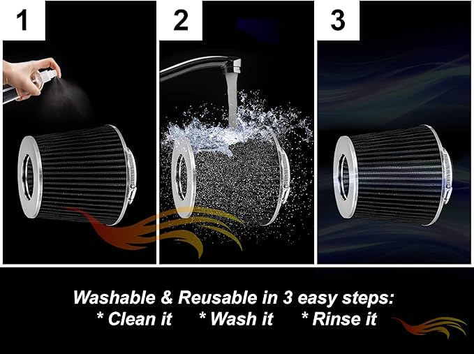 BLACK 2.75" 70 mm Inlet Cold Air Cone Replacement Performance Washable Clamp-On Dry Air Filter