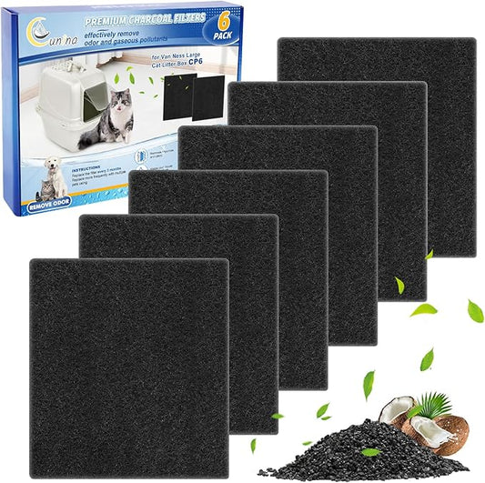 Litter Box Filter Compatible with Van Ness Large Cat Litter Box CP6, Charcoal Filters Replacement for Hooded Cat Litter Boxes & Pans,Carbon Odor Filters for Pureness F6 Zeloite Air Filter 6PCS