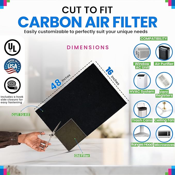 Cut to Fit Activated Carbon Filter Sheet 16” x 48” - Activated Carbon Air Filter for Air Purifiers Window AC Air Vent And More - Charcoal Filters Effectively Remove Odors & Freshens the Air (2-Pack)