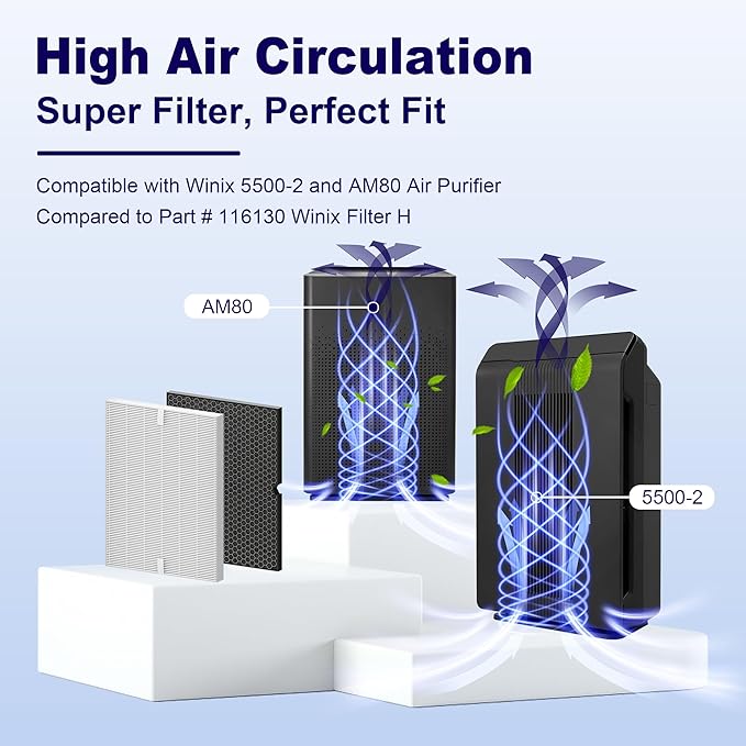 116130 Replacement Filter H for Winix 5500-2 AM80 Plasmawave Air Purifier, True HEPA Filter and Activated Carbon Filter Combo Pack, 4 Set