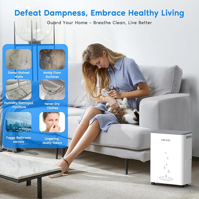 COLAZE 50 Pint Dehumidifier, Dehumidifier for Basement with Drain Hose, Dehumidifiers for Home up to 4,500 Sq. Ft, Ideal for Bedroom, Bathroom & Large Rooms, Smart Control, 24H-Timer & Auto Defrost