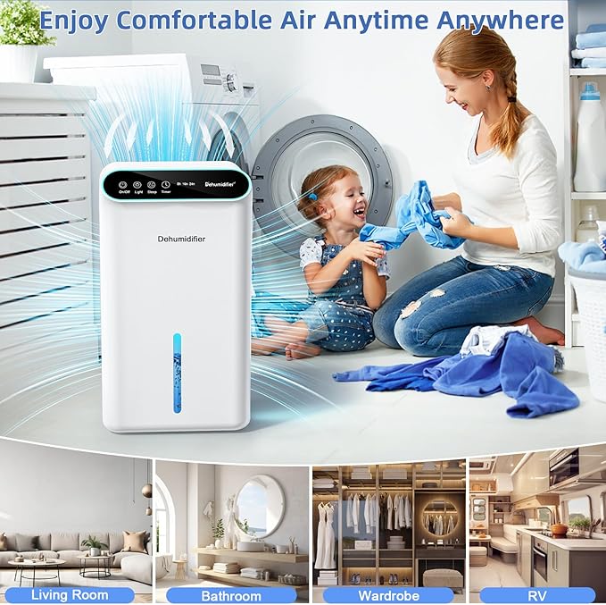 Dehumidifiers for Home, Up to 800 Sq.ft, 86oz Water Tank, Dehumidifiers for Bedroom with Essential Oil Diffuser, 7 Color LED Light, 24H Timer, Auto Shut-off, Ideal for Bathroom Basement Closet RV