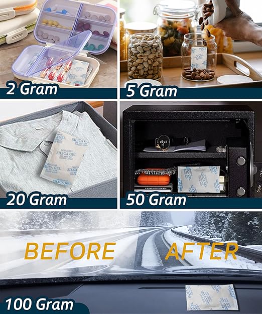 100 Gram 10 Pcs (Color-Indicating) Silica Gel Packets, Premium Food Grade Desiccant, Rechargeable Moisture Absorbers for Car, Storage Bins, Suitcase, Safe, 3D Filaments, Electronics