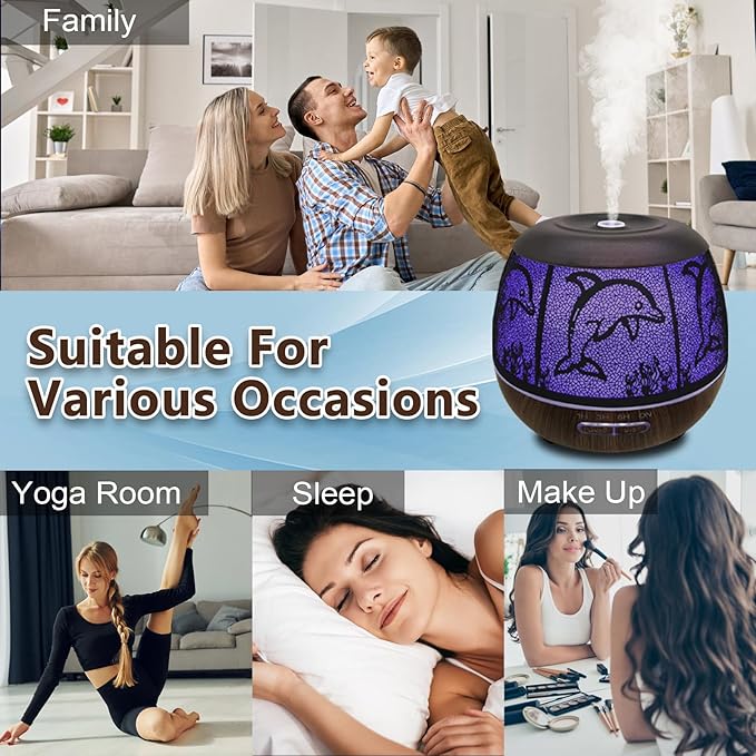 Essential Oil Diffuser for Home,500ML Aromatherapy Diffusers for Essential Oils Large Room with Cool Mist Humidifiers for Bedroom,7 Colors Changed & 3 Mist Mode Automatic Shut-Off - Dolphin