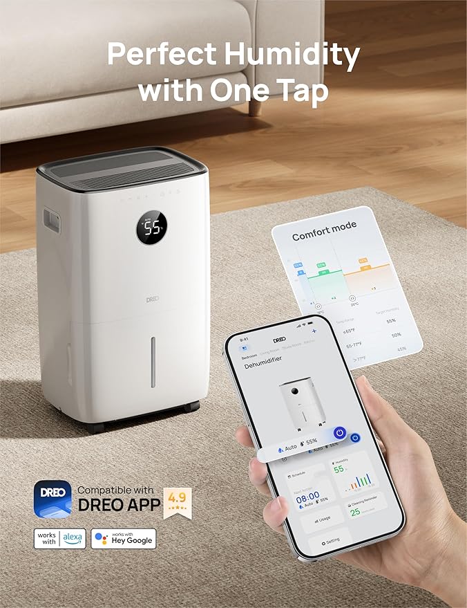 Dreo 110-Pint Smart Dehumidifier for Basement, 4500 Ft² for Large Room, 2 Gallon Water Tank, Auto/Comfort/Constant Mode Dehumidifiers for Home, Bedroom, Bathroom, with Drain Hose, Black, 711S