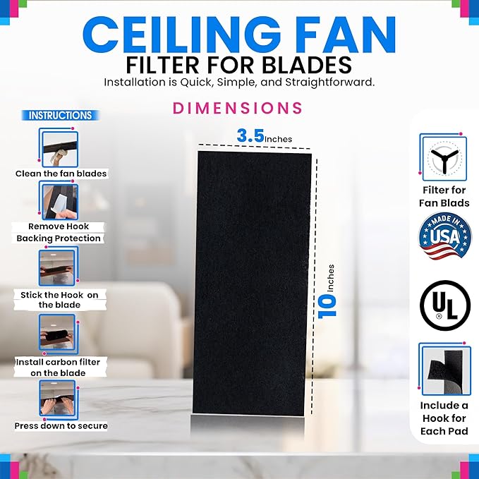 Ceiling Fan Filters for Blades - Coconut Shell Activated Carbon Unscented Dust Catcher Ceiling Fan Filter - Easy Peel & Stick on Fans - Blade Air Purifier Pads Absorbs Odor & Freshens the Air (10-Pcs)