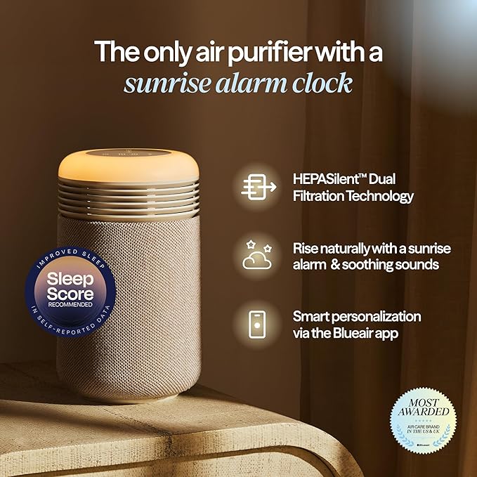 BLUEAIR Purifier for Bedroom - Mini Restful - Sunrise Clock with HEPASilent Filtration and Wake Up Light - Cleans Air and Supports Circadian Rhythm - USB-C and App Connectivity, Beige