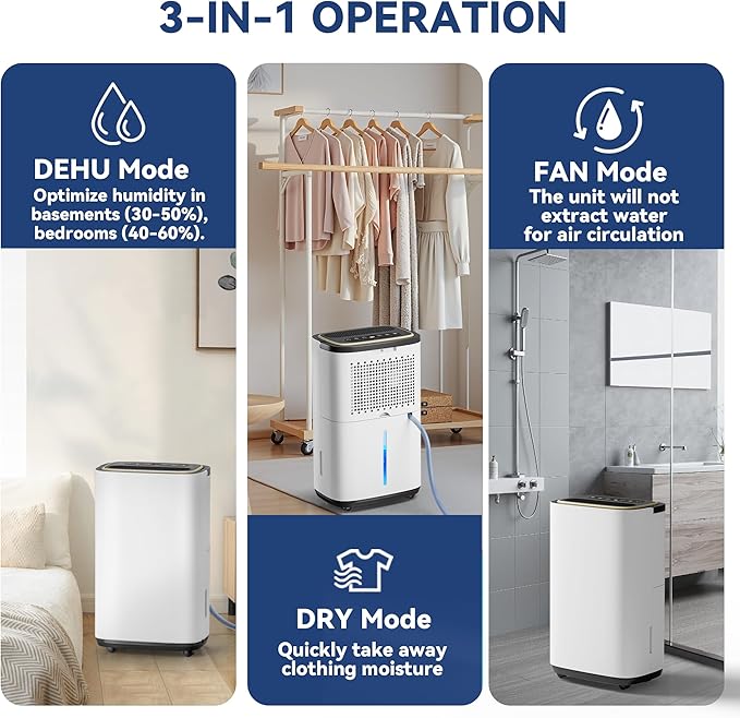 2500 Sq.Ft Dehumidifier for Basement with Drain Hose, 30 Pint Large Best Compressor Dehumidifiers for Home or Garage, Continuous Dehumidifying Features Humidity Display, 24H Timer and Child Lock