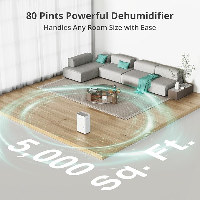 Kesnos 5,000 Sq. Ft. Most Efficient Energy Star 2025 Dehumidifier for Home, 80 Pints Dehumidifier with Drain Hose for Basement, Bedroom, Bathroom, Room, Featuring Front Display, 24H Timer Function