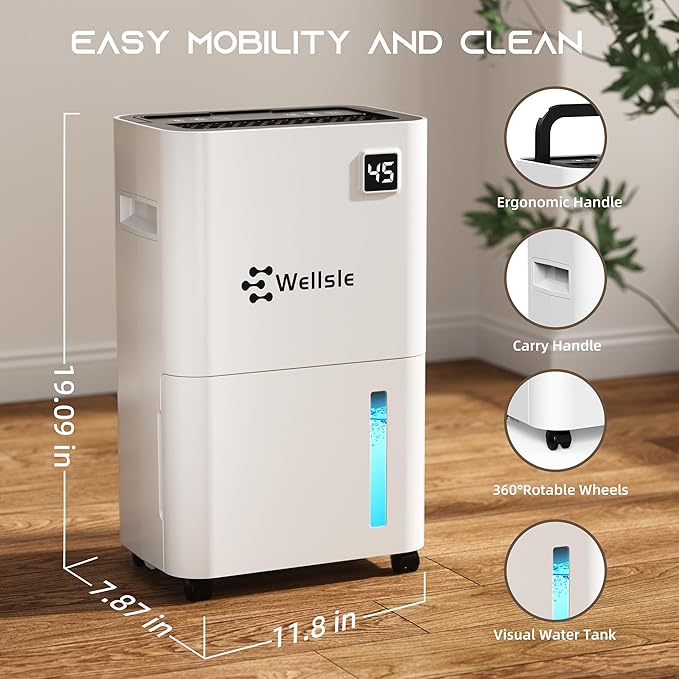 3500 Sq.Ft Dehumidifier, Wellsle 50 Pint Dehumidifiers for Home and Basement with Drain Hose, Ultra-Quiet Bedroom Dehumidifier - Intelligent Humidity Control - 24 Hour Timer