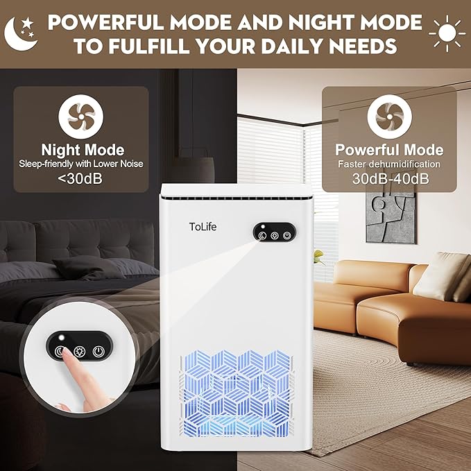 ToLife Dehumidifier for Home, 1000 sq.ft Dehumidifiers for Basement Bedroom Bathroom with 95 OZ Water Tank, Auto Shut Off 7 Colors LED Light, White Black