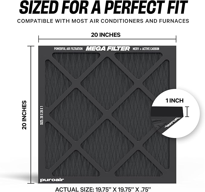 PuroAir Mega Filter - MERV 13 20x20x1 Air Filters For Home With Activated Carbon - Filters Allergens, Pet Dander, Smoke, Dust - Furnace and AC Filters - Air Filters 20x20x1 MERV 13 (2 Pack)