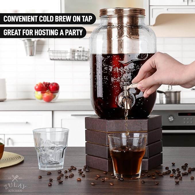 Zulay Kitchen 1 Gallon Cold Brew Coffee Maker - Large Iced Tea & Cold Brew Pitcher with Extra-Thick Glass & Stainless Steel Infuser - Drink & Beverage Dispenser Jar with Airtight Lid & Spout Rose Gold