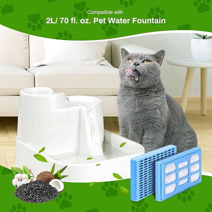 Cat Water Fountain Filter, 6 Pack Replacement Filter for 2L/ 70 fl. oz. Pet Water Fountain, Activated Carbon Filter for Large Fresh Water Drinking Fountain Dispenser Triple Action Filter for Dog/Cat