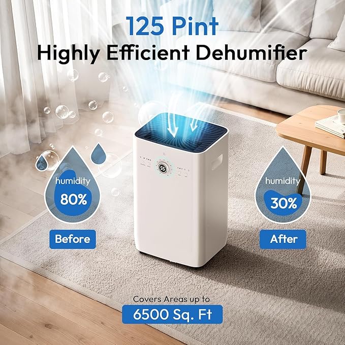 6,500 Sq. Ft Dehumidifier for Basement, 125 pint home dehumidifiers with sump pump/drain hose/2.14 gallon large capacity tank, 24H Timer