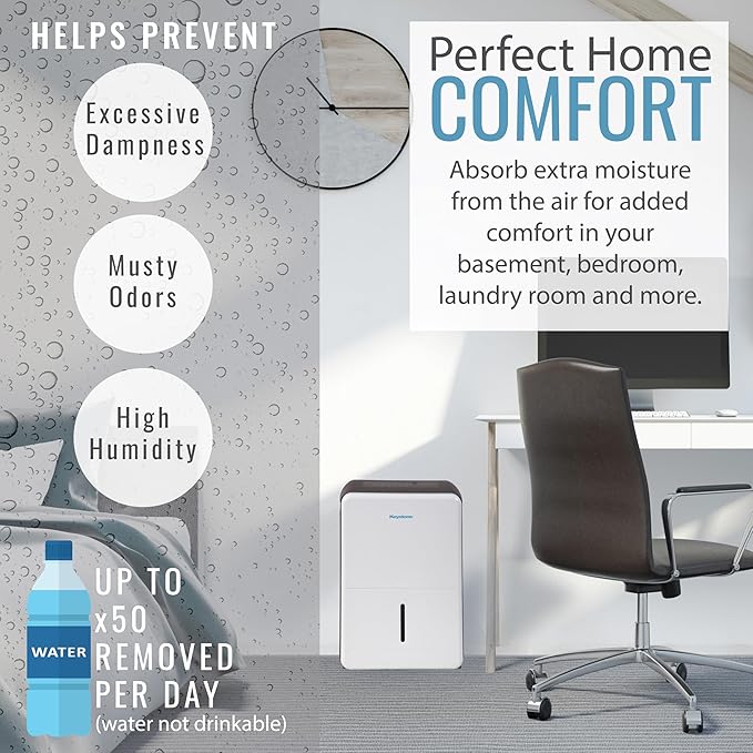Keystone 50-Pint Portable Dehumidifier for Extra Large Rooms up to 4,500 Sq.Ft. with Auto-Shutoff & Timer - Quiet Home Dehumidifier and Moisture Absorber For Basement, Garage, Living Room
