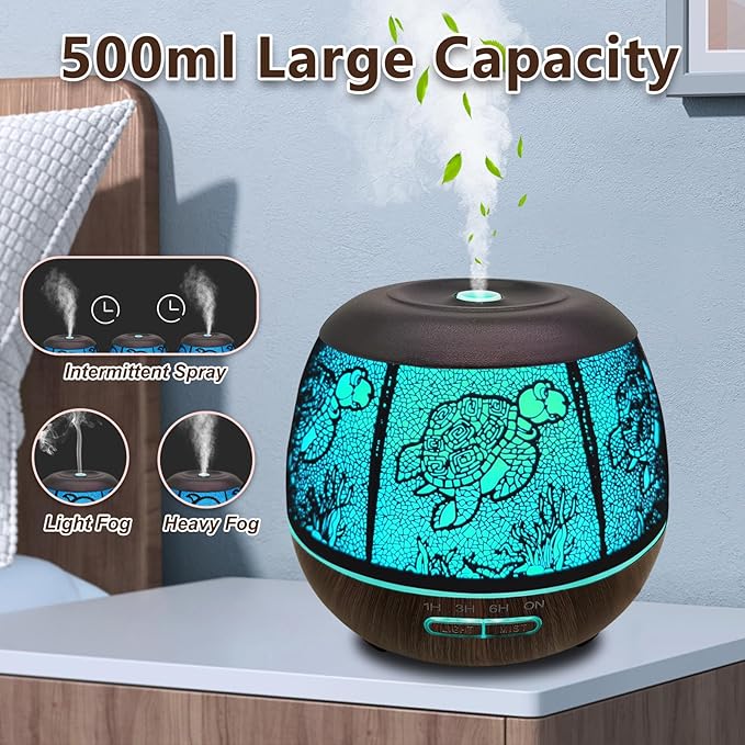 Essential Oil Diffuser for Home,500ML Aromatherapy Diffusers for Essential Oils Large Room with Cool Mist Humidifiers for Bedroom,7 Colors Changed & 3 Mist Mode Automatic Shut-Off - Turtle