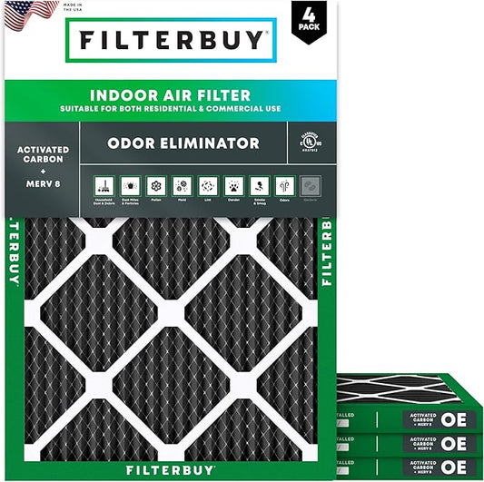 Filterbuy 12x18x1 Air Filter MERV 8 (MPR 700) Odor Eliminator Replacement (4-Pack), Electrostatic Pleated HVAC AC Furnace Filters w/Activated Carbon, Made in USA (Actual Size: 11.50 x 17.50 x 0.75)