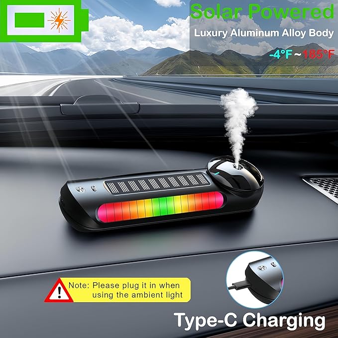 Smart Car Air Freshener with Solar, Car Diffuser with Auto On/Off, Aluminum Alloy Body, 3 Adjustable Concentration, Built-in Battery, Ambient Light, Best Essential Oil Diffuser for Car Black