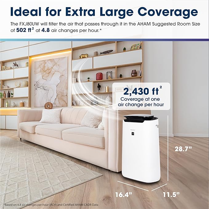 SHARP Smart Air Purifier for XL Rooms – Covers up to 2,430 sqft in one hour, Compatible w/Alexa, True HEPA Filter Air Purifier for Living Room, Dust, Smoke, Pollen - FXJ80UW
