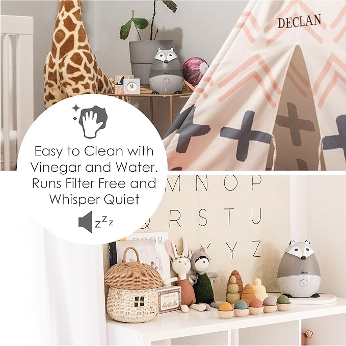 Crane Ultrasonic Cool Mist Animal Humidifier for Kids' Bedroom & Nursery, Adjustable 0.5 Gallon, Auto Shut-Off Silver Fox 0.5 Gallon Grey