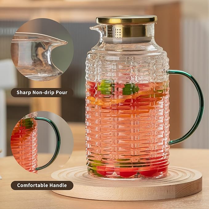 Glass Pitcher with Lid,84 oz/2.5 Liter Vintage Water Pitcher, Clear Borosilicate Glass Water Carafe for Cold Brew, Coffee, Lemonade, Iced Sun Tea, Juice, Beverage, Milk, Heat Resistant