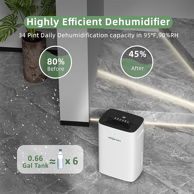 34 Pint Dehumidifiers for Home Basements, with 3 Working Modes, Overflow Protection, and Auto Shut off Restart. Ultra Silent Dehumidifier with Drain Hose, Intelligent Humidity Control