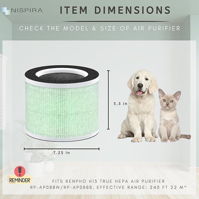 Nispira RP-AP088-F1 RP-AP088 Replacement Filter for RENPHO Air purifier RP-AP088W RP-AP088-F2 H13 4-in-1 HEPA Activated Carbon, 2 Packs